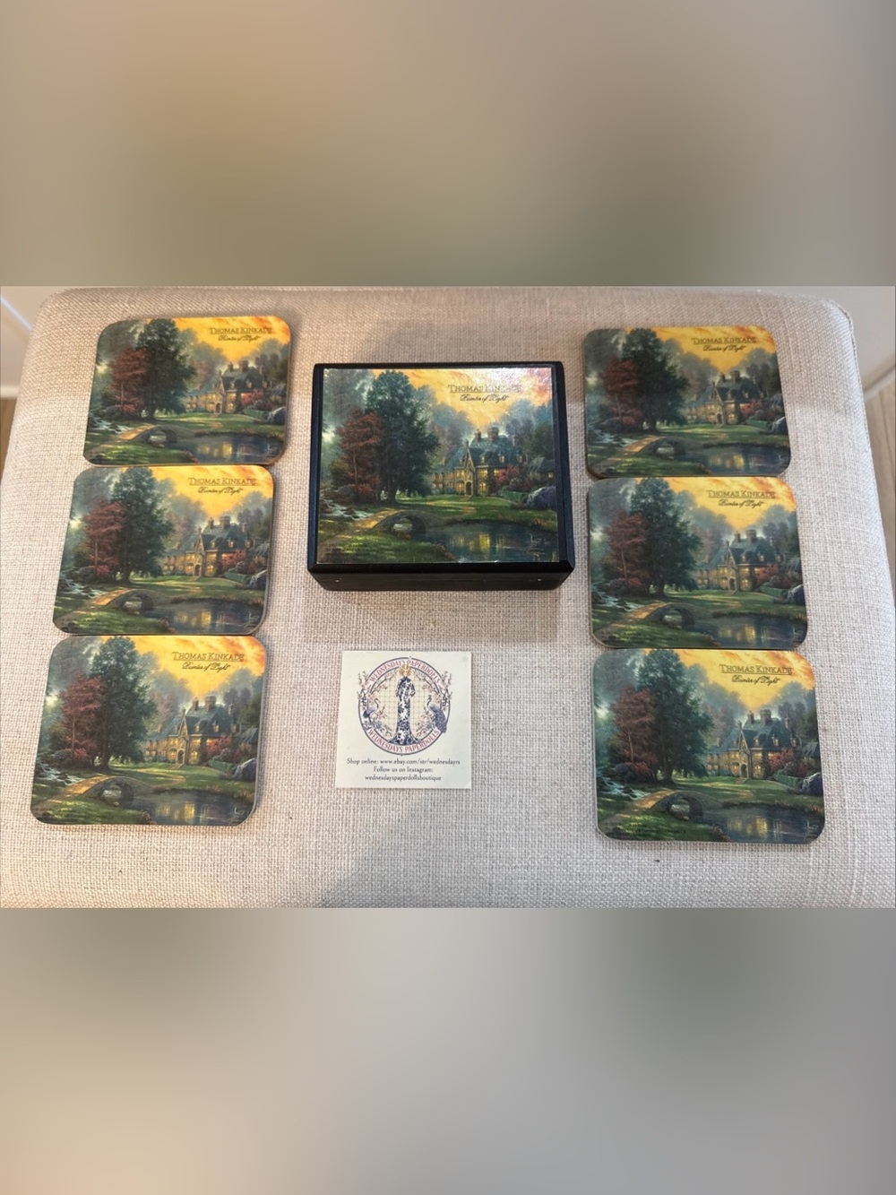 Thomas Kinkade Painter Of Light Set Of 6 Coasters 4.25x3.5 Wooden Box 5x4x1.5